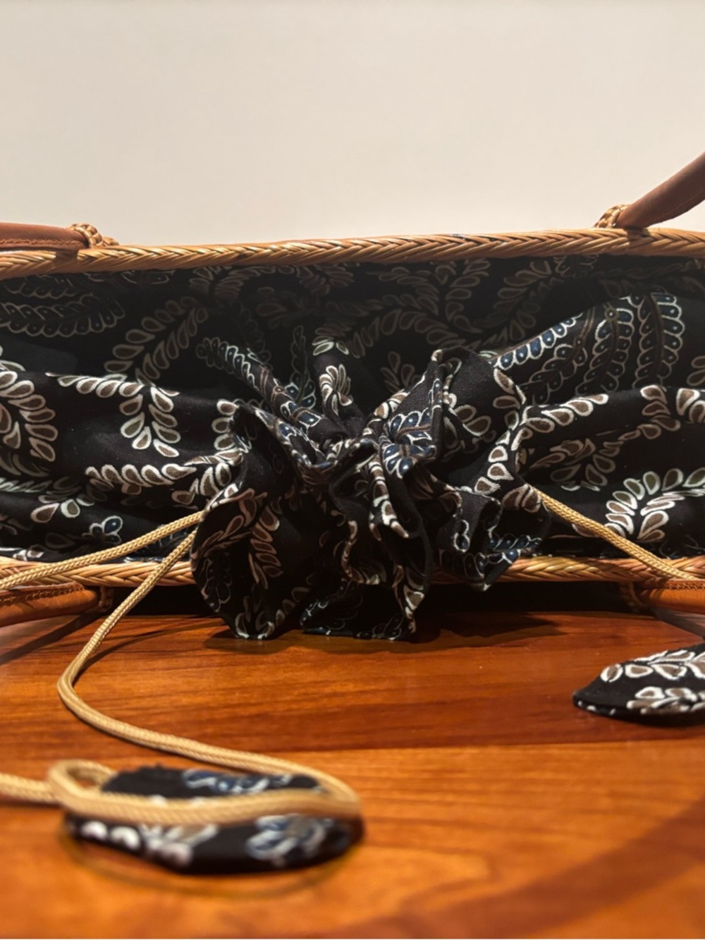 Woven Rattan Tote Bag with Black and Blue Batik Print Drawstring Liner - Picture 6 of 10